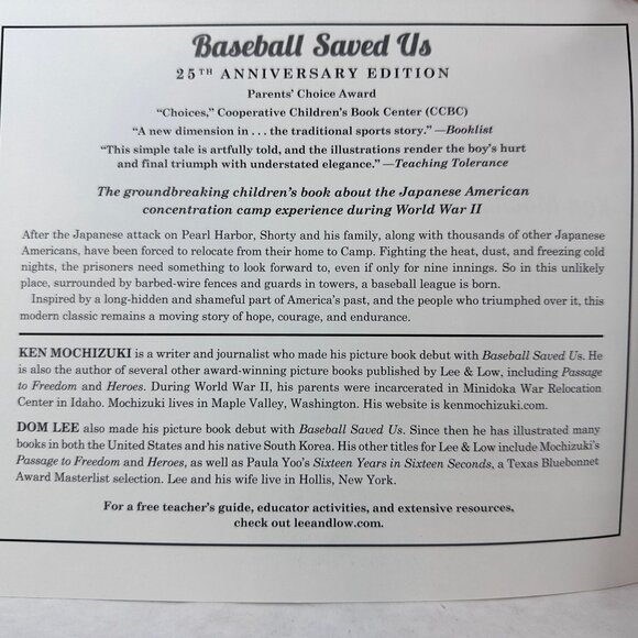 Baseball Saved Us 25th Anniversary Edition By Ken Mochizuki & Dom Lee 2018 WWII - Picture 8 of 16